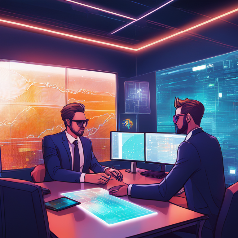 hand-drawn digital illustration, Artstation HQ, digital art, Glassnode co-founders analyzing Bitcoin trends, futuristic office setting, abstract, data-filled screens, trending on Artstation, high-tech, imaginative, vibrant colors, professional business attire