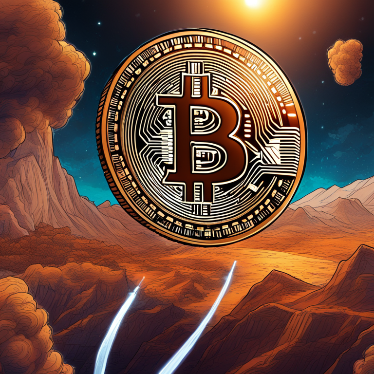 Bitcoin soaring towards $84,000, hand-drawn digital illustration, Artstation HQ, digital art, futuristic trading chart, vibrant colors, highly detailed, high resolution, trending on Artstation