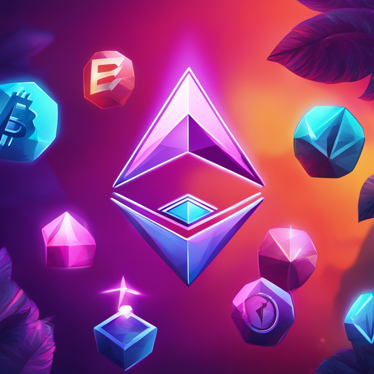 Illustration of Ethereum symbol ascending, surrounded by various altcoins, digital illustration, trending on Artstation, vibrant colors, futuristic style