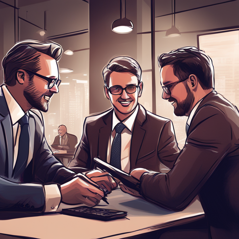 Illustration of finance professionals discussing investment strategies for Australian pension funds, hand-drawn digital illustration, Artstation HQ, digital art