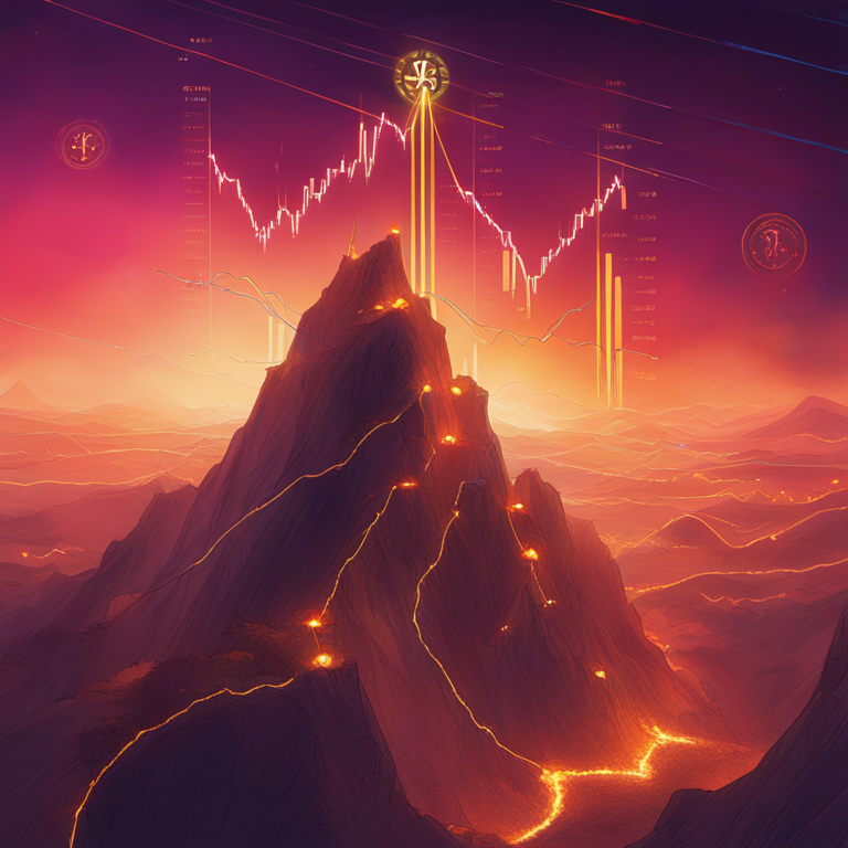 hand-drawn digital illustration, Artstation HQ, digital art, a rising and falling Bitcoin chart overlaid with NVT Golden Cross indicators, vibrant colors, detailed data visualization, modern, glossy finish, abstract trend lines, high contrast, by Peter Mohrbacher and Donato Giancola