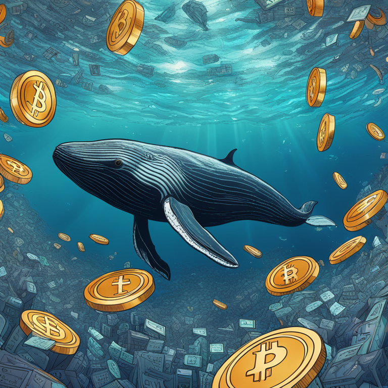 Hand-drawn digital illustration of an investor whale swimming through a sea of cryptocurrency symbols, detailed and vibrant, Artstation HQ, showcasing strategic moves in the digital finance world, high-tech, digital art