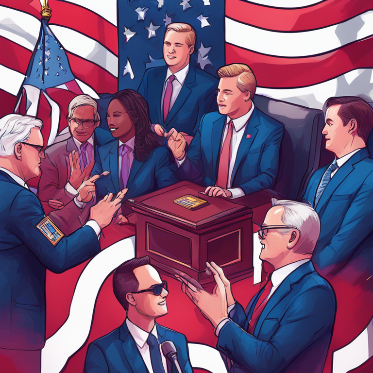 Hand-drawn digital illustration of U.S. lawmakers with blockchain symbols, Artstation HQ, colorful, vibrant, digital art