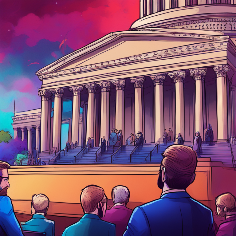 hand-drawn digital illustration, Artstation HQ, digital art, concerned US lawmakers addressing crypto exchange issue, Capitol Hill background, vibrant colors