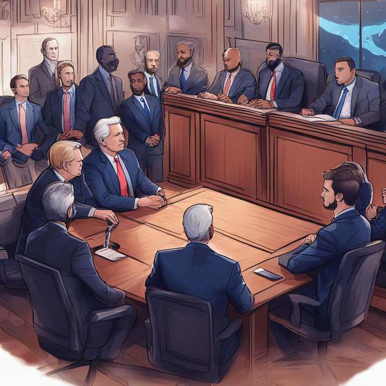 Hand-drawn digital illustration of U.S. lawmakers discussing cryptocurrency sanctions evasion, Artstation HQ, digital art