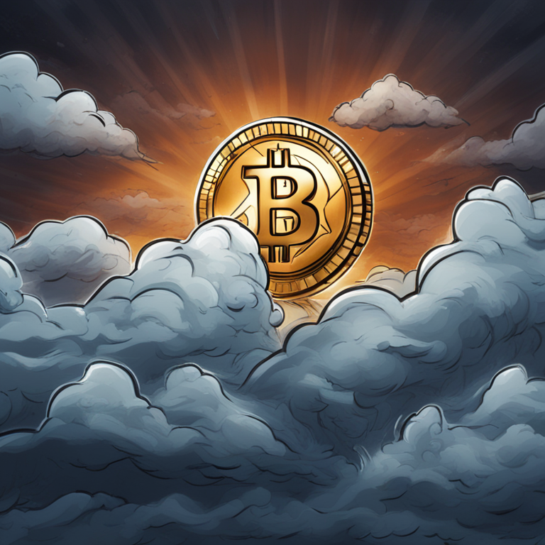 Bitcoin price surge illustration, hand-drawn digital illustration, Artstation HQ, a bullish trend line piercing through stormy clouds, digital art