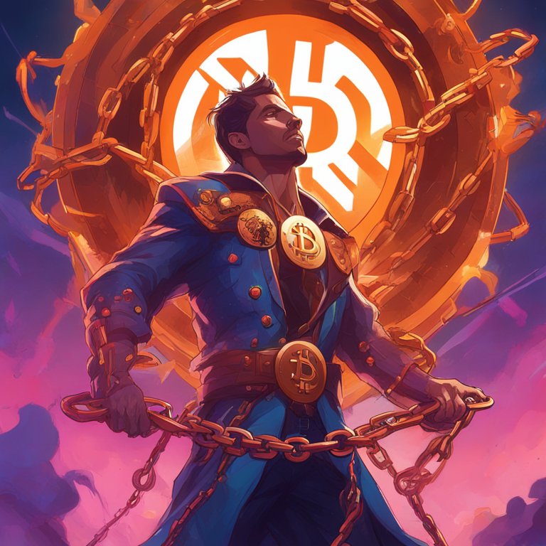 hand-drawn digital illustration of Bitcoin breaking chains, symbolizing freedom, Artstation HQ, vibrant colors, digital art by Peter Mohrbacher, trending magazine style