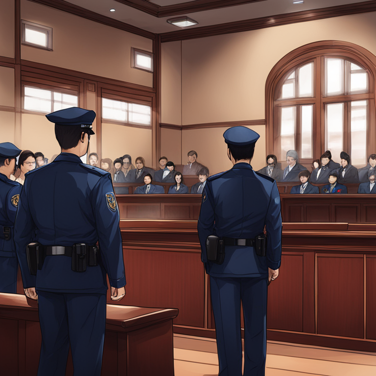 A courtroom scene depicting South Korean police officers on trial, hand-drawn digital illustration, Artstation HQ, digital art