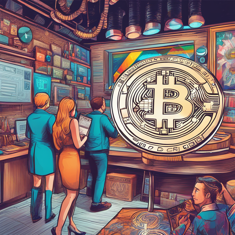 Detailed illustration of an art-themed altcoin scam, hand-drawn digital art, Artstation HQ, intricate and vibrant, showing duped investors, cryptocurrency symbols, and misleading promotional material