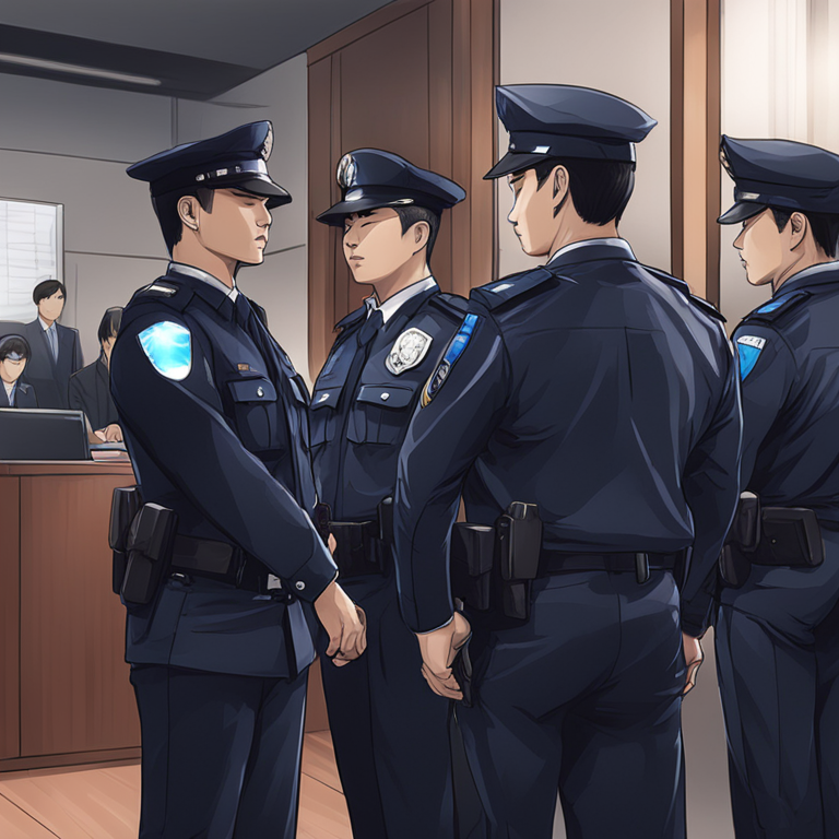 Hand-drawn digital illustration of South Korean police officers standing trial, Artstation HQ, digital art