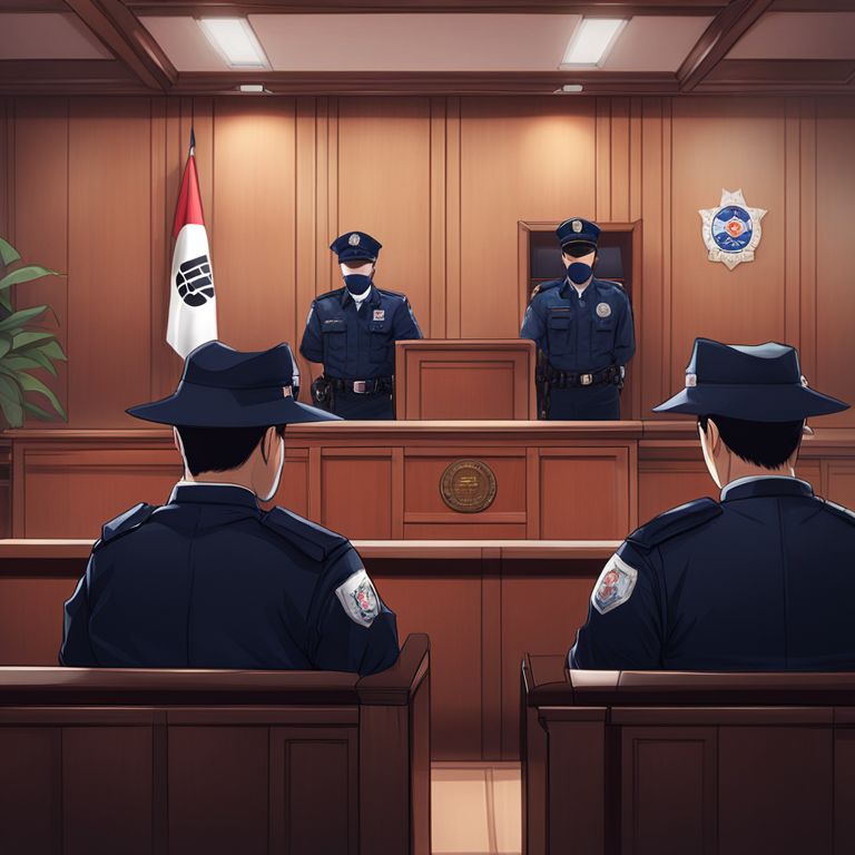 Digital illustration of a courtroom scene with South Korean police officers facing trial, Artstation HQ, digital art