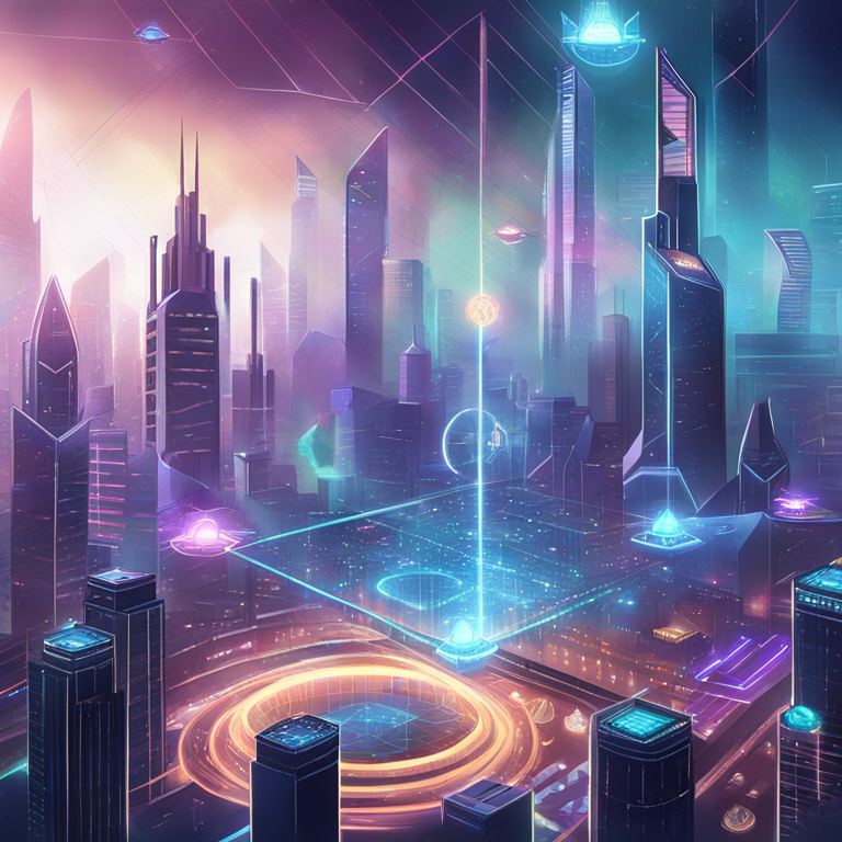 Hand-drawn digital illustration of a futuristic city with floating holographic charts depicting rising crypto token numbers, Artstation HQ, digital art