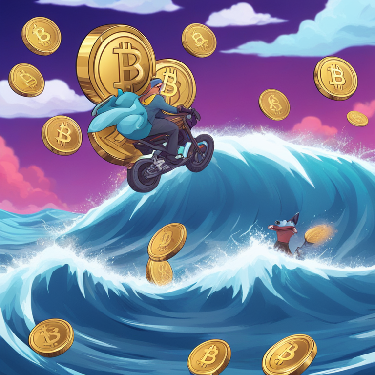 Creative digital art showing a meme coin character riding a wave of newly-created crypto tokens, trending on Artstation, surreal yet humorous style