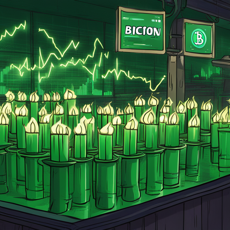 A digital illustration of a bullish Bitcoin market with green candles and positive sentiment, hand-drawn digital illustration, Artstation HQ, digital art