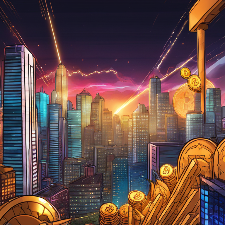 Hand-drawn digital illustration of Bitcoin soaring to new highs, Artstation HQ, digital art, depicting booming financial markets, dynamic graph, bullish market trend, bitcoins in the sky, futuristic cityscape, vibrant colors, detailed digital art, trending on ArtStation.