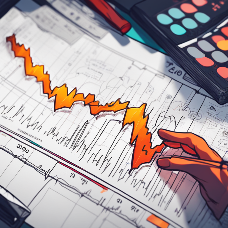 Hand-drawn digital illustration of Bitcoin price analysis, Artstation HQ, digital art, technical analysis chart, bullish and bearish indicators, trading screen, high-tech graphics, trending on ArtStation, sleek design, digital trading, visualizing financial trends in vibrant colors.