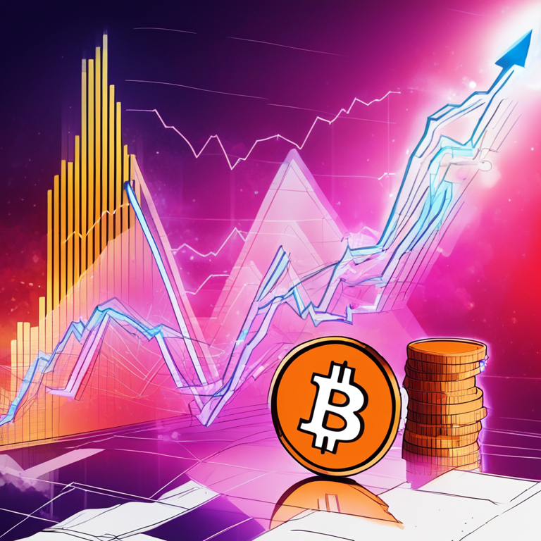 Hand-drawn digital illustration, Artstation HQ, digital art, trend lines on a stock market chart with Bitcoin symbol soaring, modern style, vibrant colors, high-tech, futuristic finance backdrop, detailed, clean