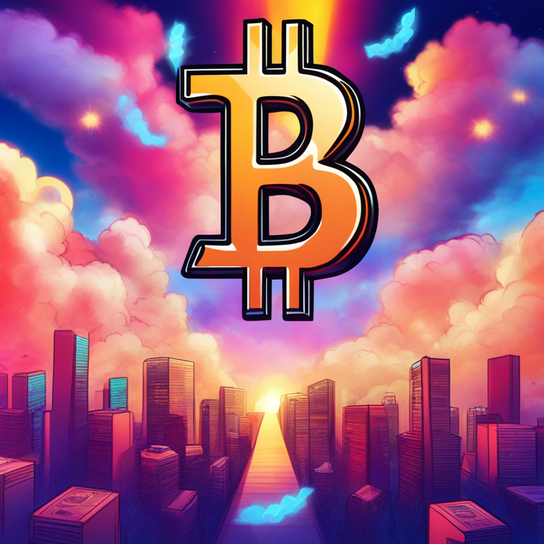 Bitcoin symbol soaring in sky with dollar signs, digital illustration, Artstation HQ, colorful and vibrant style, crypto market surge, futuristic financial background