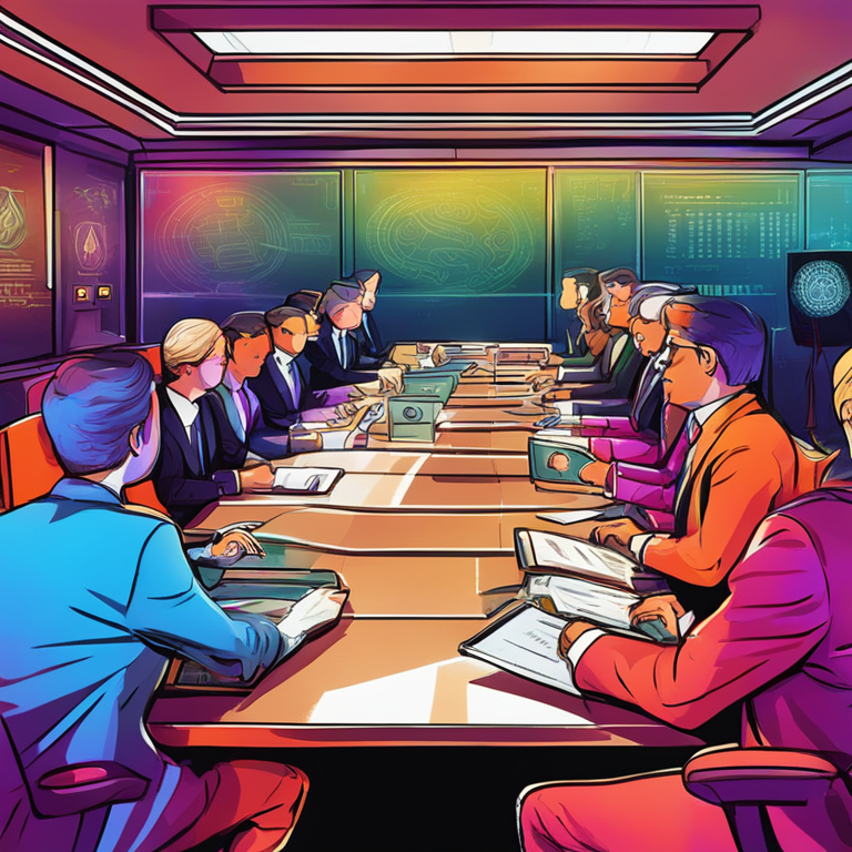 hand-drawn digital illustration of a government committee discussing cryptocurrency regulations, vibrant colors, modern style, digital art, Artstation HQ, abstract background