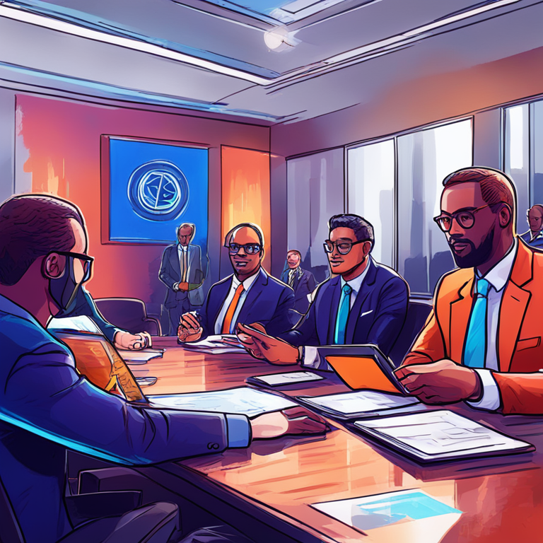 Hand-drawn digital illustration of a governmental committee discussing cryptocurrency policies, vibrant colors, Artstation HQ, digital art