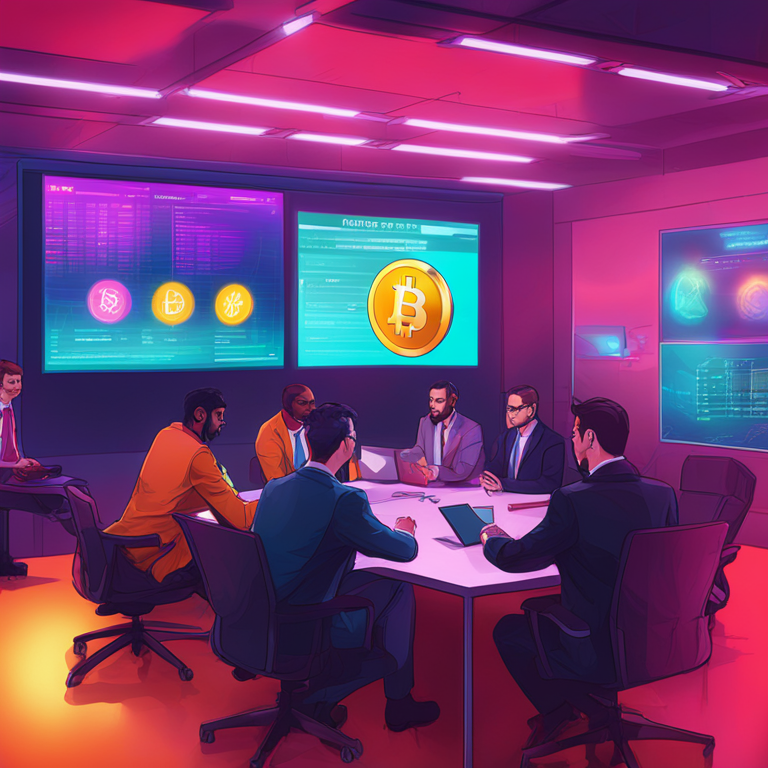 Digital art of a risk assessment meeting focusing on cryptocurrencies, detailed, Artstation HQ, bright colors