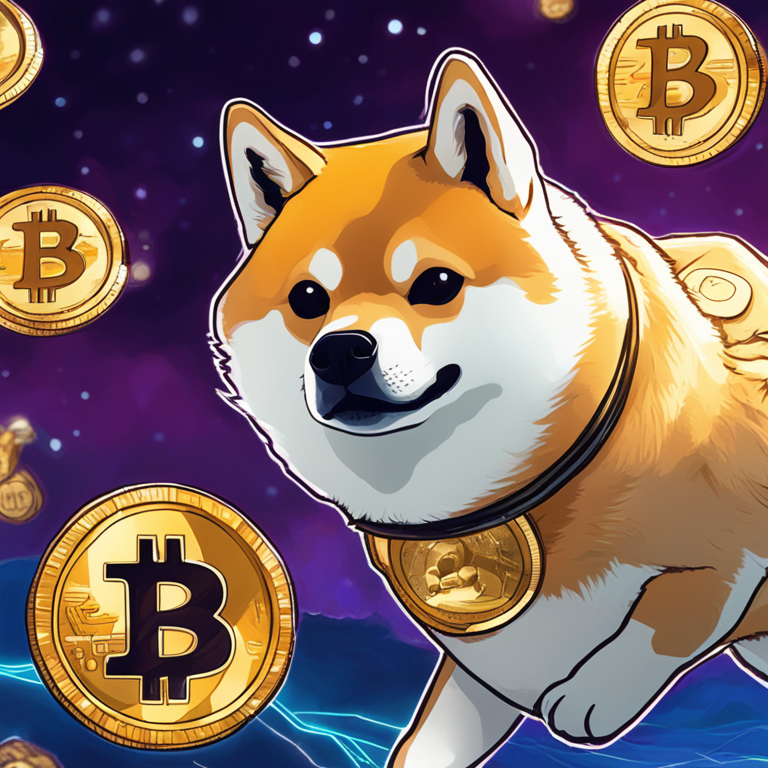 Dogecoin price prediction with Bitcoin hovering above $65k, hand-drawn digital illustration, Artstation HQ, digital art, trendy magazine style, whimsical cryptocurrency theme