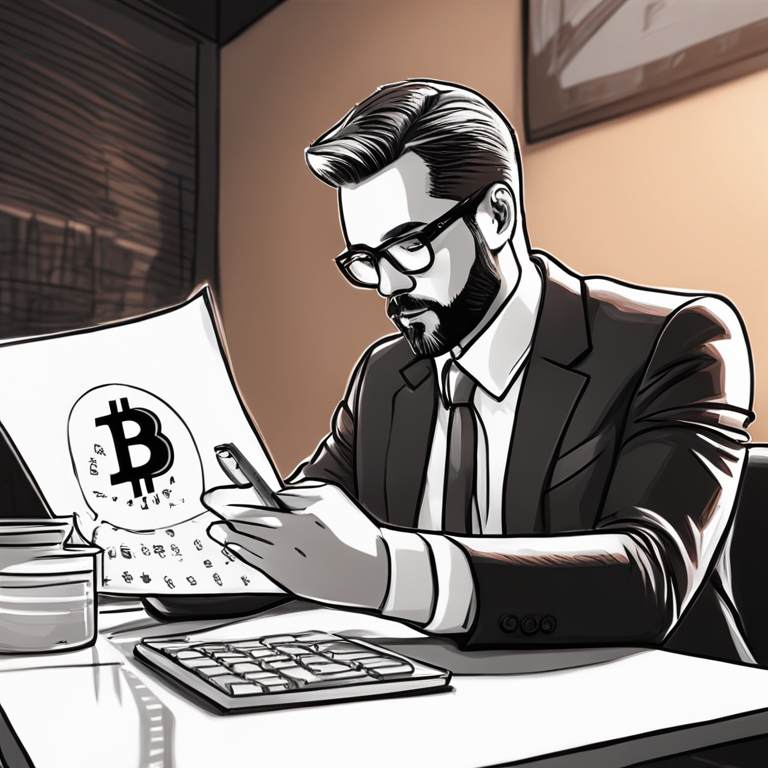 Hand-drawn digital illustration of a financial advisor reviewing Bitcoin ETF holdings, Artstation HQ, digital art