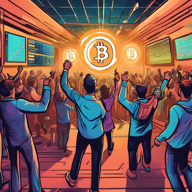 Hand-drawn digital illustration of excited investors on platforms showcasing Bitcoin's price rally, Artstation HQ, vibrant financial growth, colorful charts, bullish market sentiment, digital art