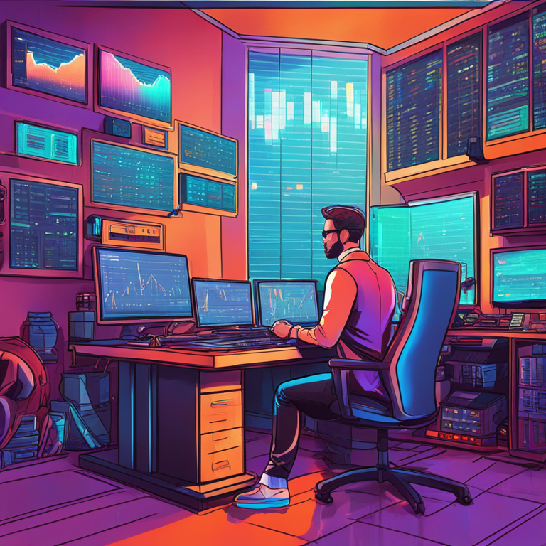 hand-drawn digital illustration of a crypto analyst studying charts, Artstation HQ, digital art, vibrant colors, detailed figures, futuristic tech setup, trending on Artstation imagery 