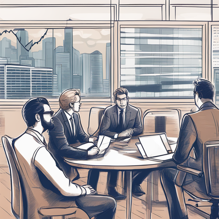 Hand-drawn digital illustration of analysts discussing Bitcoin trends, Artstation HQ, digital art