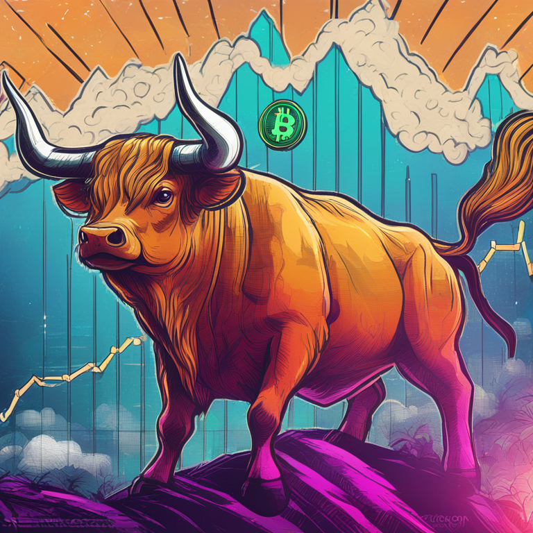 A detailed digital illustration of a bullish Bitcoin chart, showing upward trends, hand-drawn digital illustration, Artstation HQ, vivid colors, high-detail graphics, financial data overlay