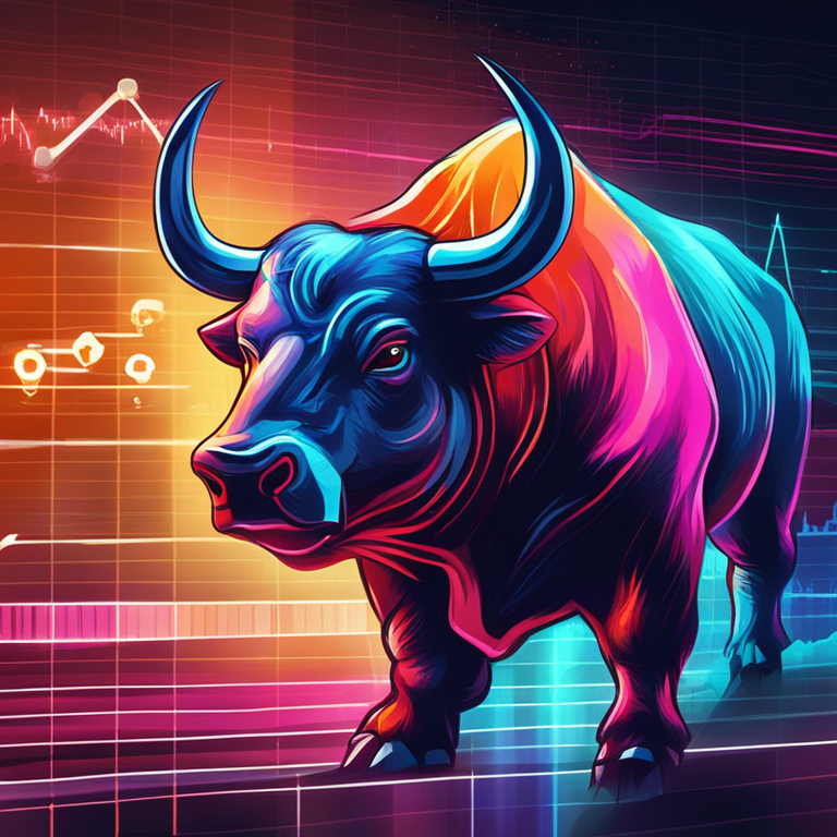 Hand-drawn digital illustration of technical indicators on a bull and bear market-themed chart, Artstation HQ, digital art, bright colors, dynamic and intense mood