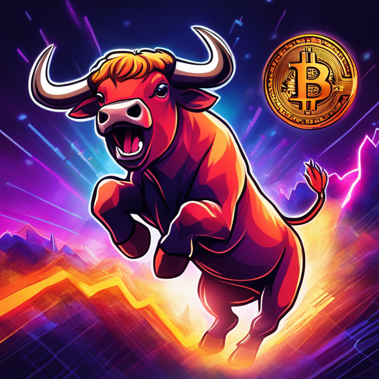 Hand-drawn digital illustration of Bitcoin price surge, featuring a vibrant bull breaking through a chart, Artstation HQ, detailed and vibrant colors, dramatic flair with glowing digital surroundings, modern financial backdrop, digital art