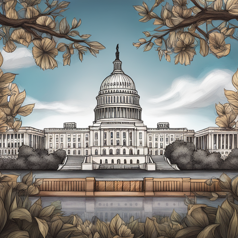 hand-drawn digital illustration of US Capitol building and Federal Reserve, Artstation HQ, digital art