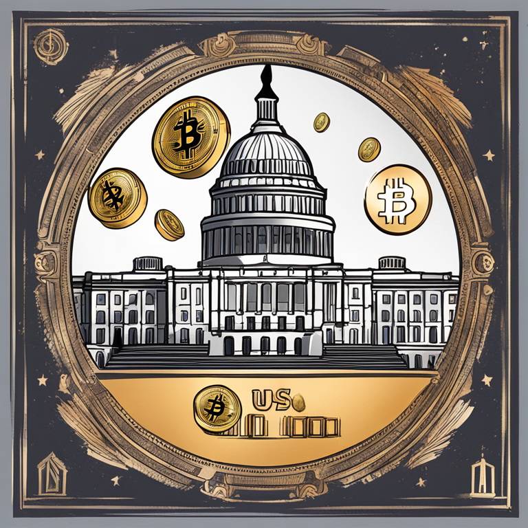 Hand-drawn digital illustration of the US Capitol building with cryptocurrency symbols floating around it, Artstation HQ, digital art