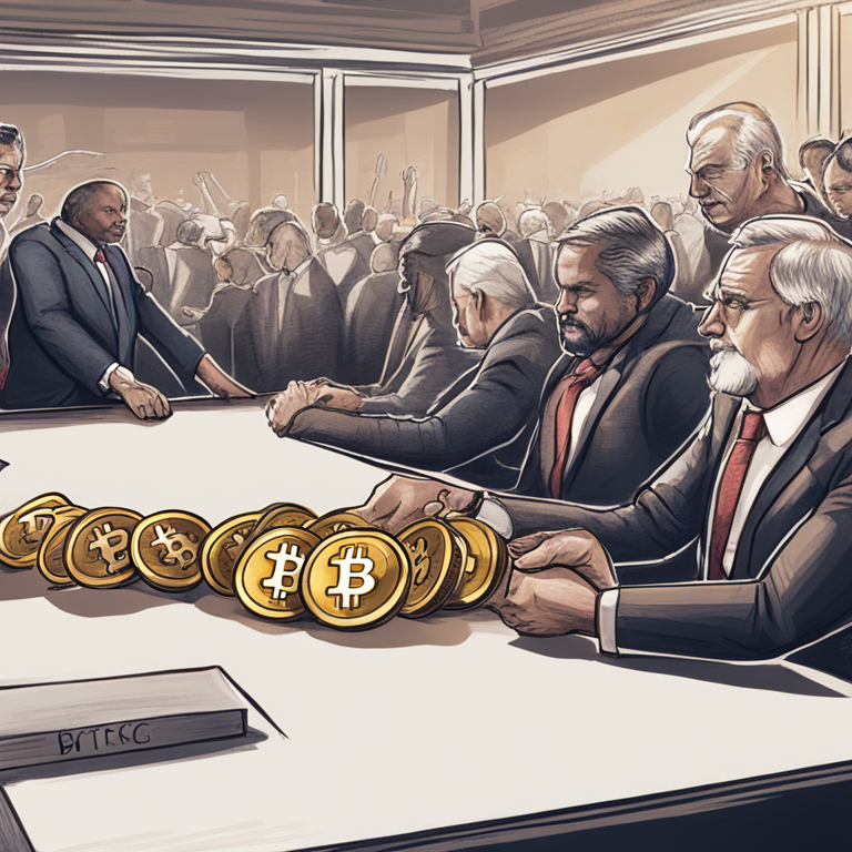 Hand-drawn digital illustration showing a conceptual tug-of-war between traditional banking represented by the Federal Reserve and cryptocurrencies like Bitcoin and Ethereum, Artstation HQ, digital art