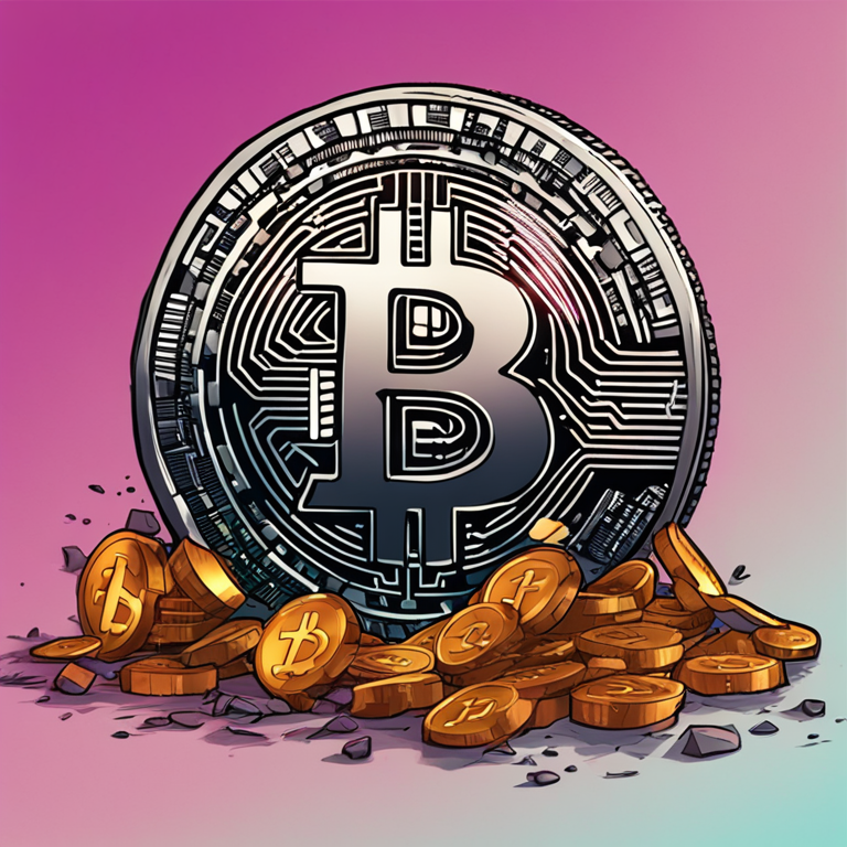 hand-drawn digital illustration of a crumbling cryptocurrency coin, Artstation HQ, digital art, vivid colors, detailed, symbolic of financial collapse, trending on Artstation