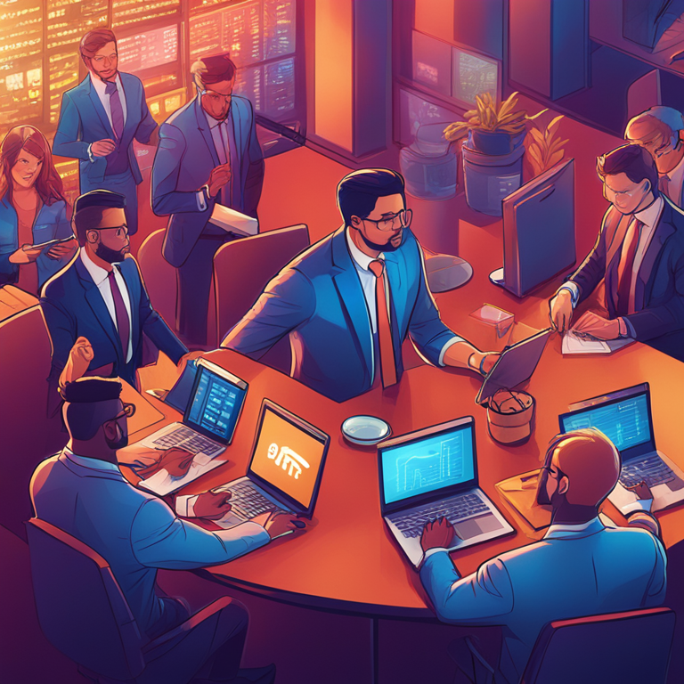 digital illustration of diverse professional investors and traders, Artstation HQ, digital art, Bitcoin ETFs, varied investment portfolios, colorful and dynamic themes