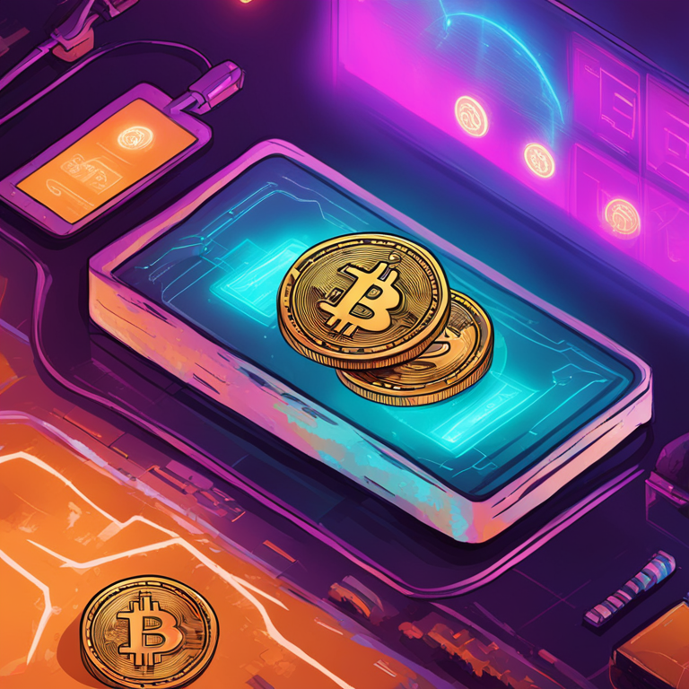 hand-drawn digital illustration, Artstation HQ, digital art, futuristic cryptocurrency concept with Bitcoin and Ethereum symbols in a competitive setting, vibrant colors, sleek and modern, high-tech vibe, illustrating the comparison between Bitcoin and Ethereum, trending on Artstation