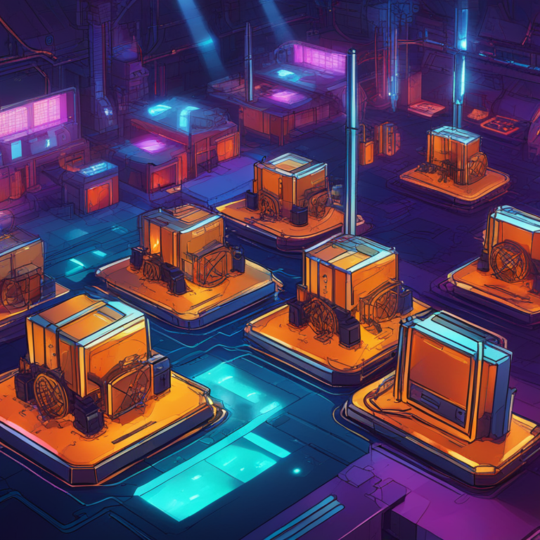 hand-drawn digital illustration, Artstation HQ, digital art, futuristic mining operation with decentralization theme, vibrant colors, sleek and modern, high-tech blockchain vibe, illustrating decentralized Bitcoin mining, trending on Artstation