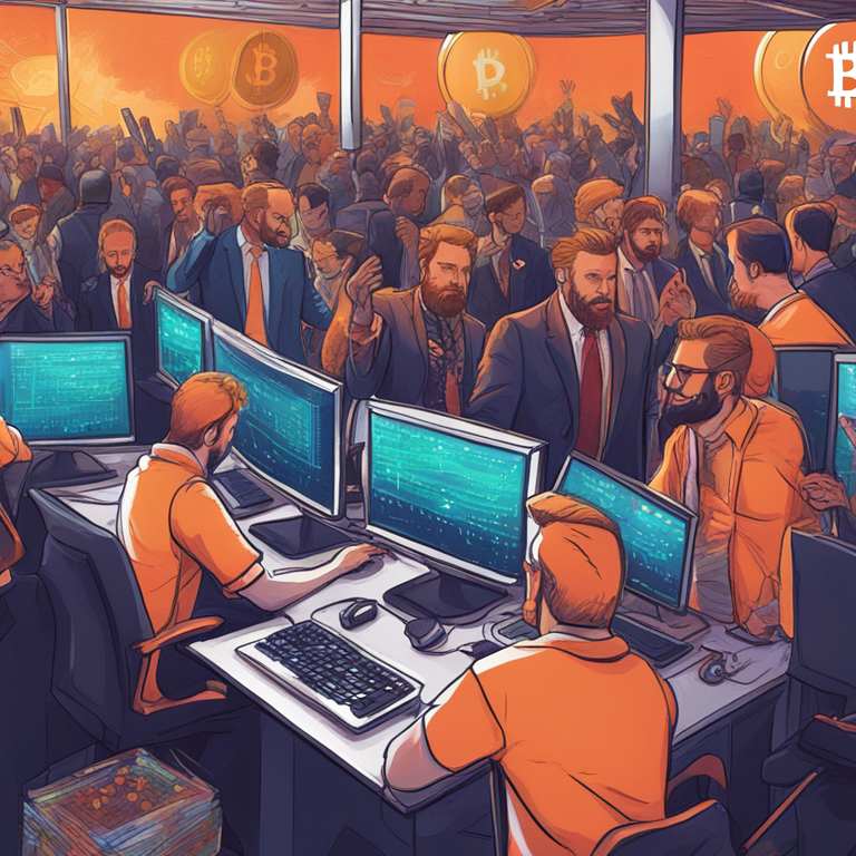 hand-drawn digital illustration, Artstation HQ, digital art, Bitcoin price surge, traders reacting to cryptocurrency market changes, vibrant and bustling trading floor scene, detailed and expressive style