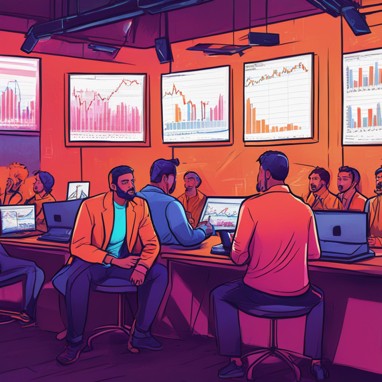 Hand-drawn digital illustration of confused traders watching Bitcoin price charts, Artstation HQ, digital art, expressive and colorful style