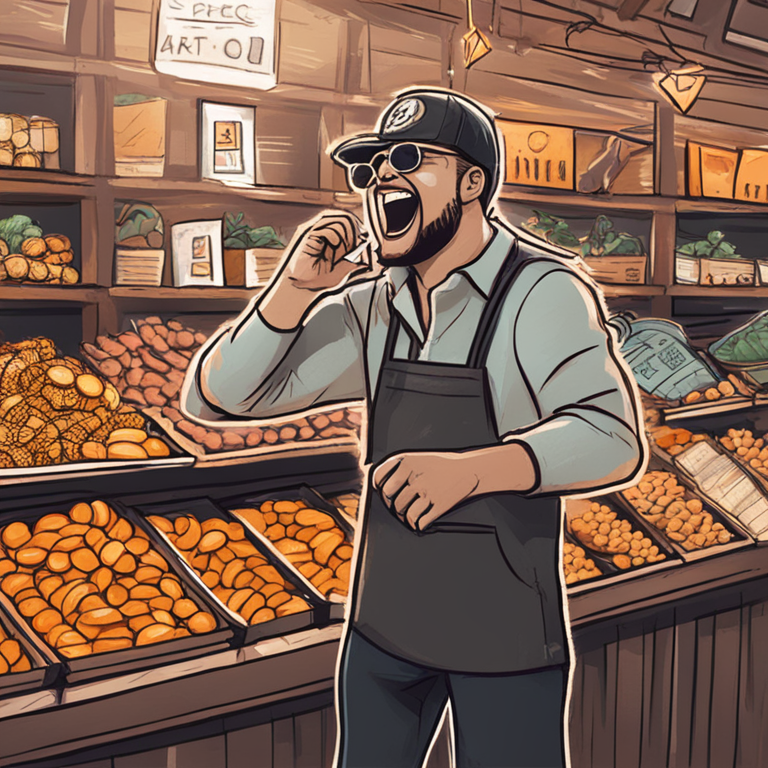 a hand-drawn digital illustration, Artstation HQ, digital art, of a market trader experiencing high emotion during a bitcoin price surge, trending on Artstation