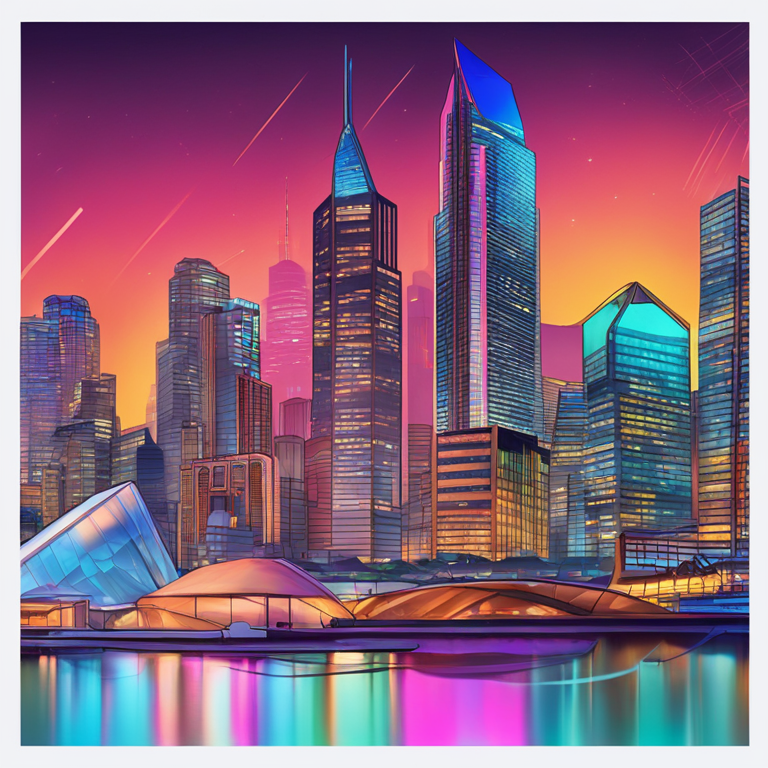 hand-drawn digital illustration, Artstation HQ, digital art, depicting a vibrant cityscape with modern skyscrapers and a dynamic financial exchange, illustrating Coinbase's expansion into Australia, digital art, trending on Artstation, high-tech, sleek design