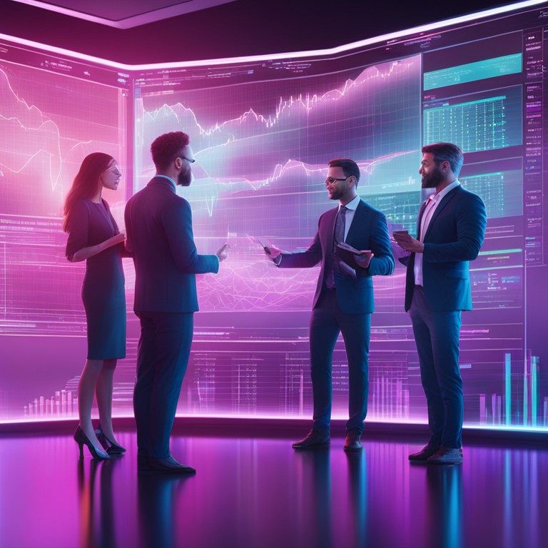 Digital illustration of corporate professionals discussing financial graphs on holographic displays, modern, high-tech, futuristic, Artstation HQ