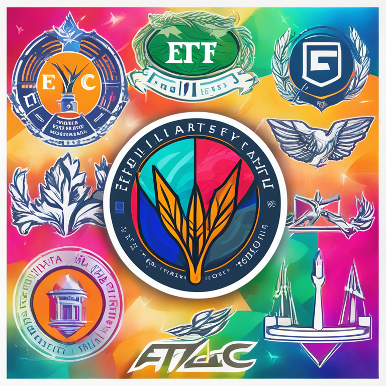 A detailed digital illustration of various ETF logos, highlighting Fidelity's FBTC, styled with vibrant colors and modern design, hand-drawn digital art, Artstation HQ