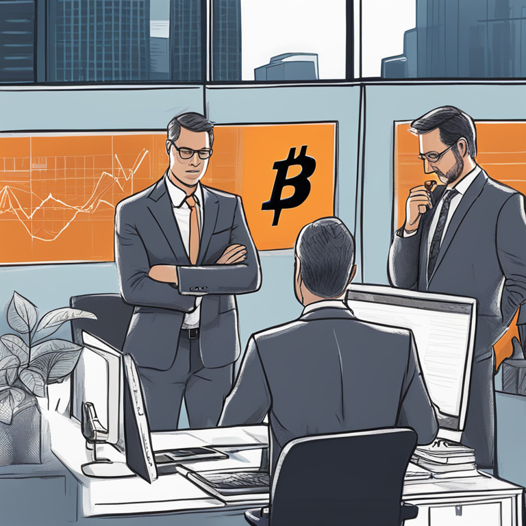 Simplified, humorous illustration of investment advisors and hedge fund managers eyeing BTC ETFs as a hedge, hand-drawn digital illustration, Artstation HQ, digital art