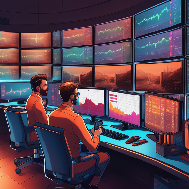 micro Bitcoin futures trading in action, digital illustration of brokers analyzing market trends on multiple screens, Artstation HQ, vibrant and detailed