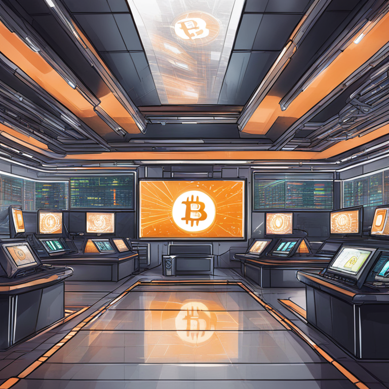 Hand-drawn digital illustration of a futuristic trading floor with digital screens and Bitcoin logo, Artstation HQ, digital art