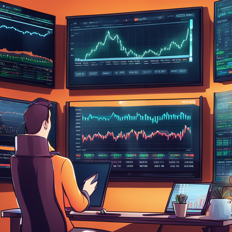 A vibrant hand-drawn illustration showing Bitcoin futures trading data on digital screens, Artstation HQ, digital art